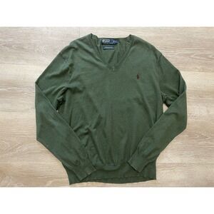 Polo Ralph Lauren Mens L Sweater‎ Pima Cotton V-Neck Green Holiday Christmas